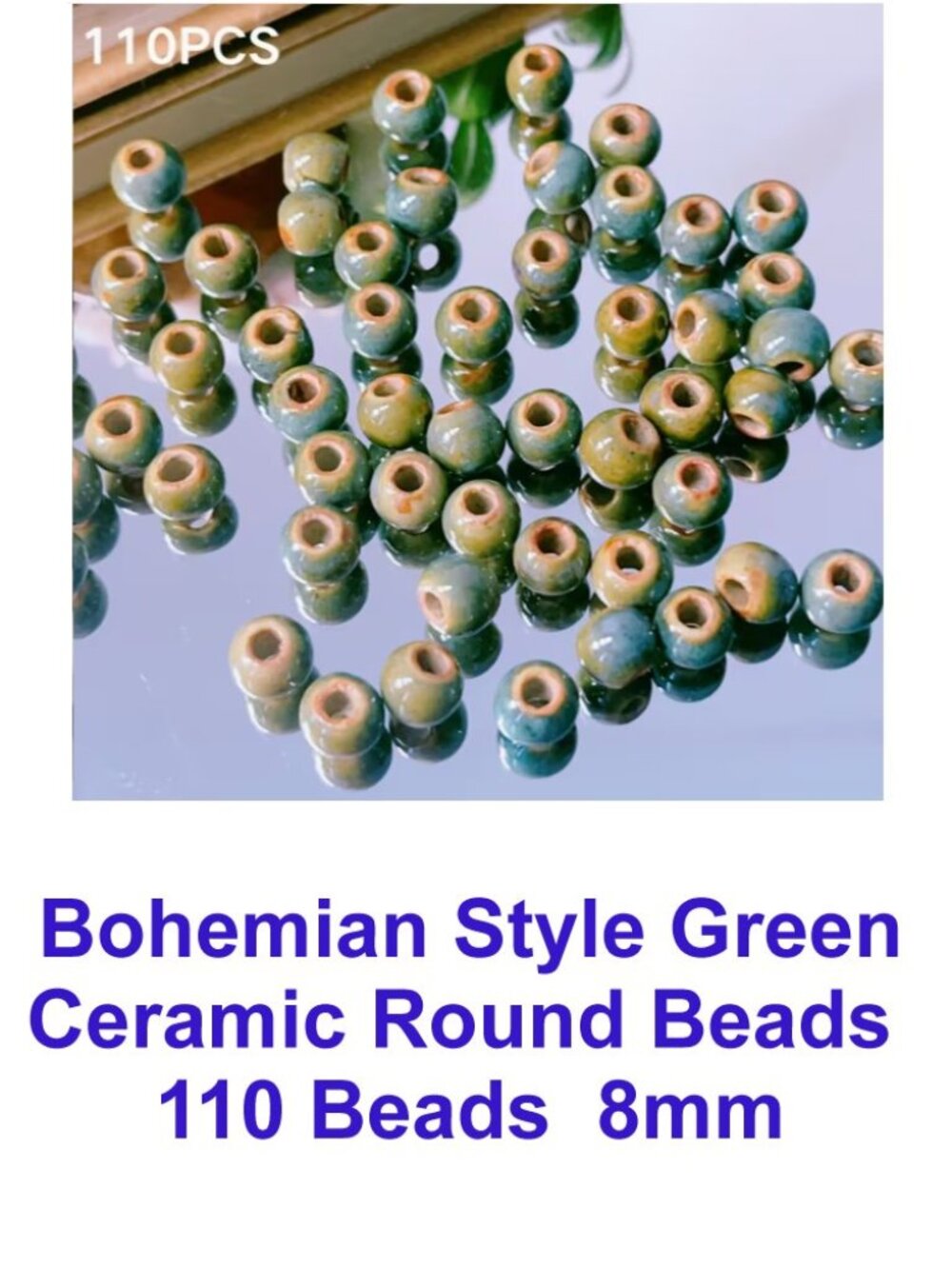 Bohemian Style Green Ceramic Round Beads  110 Beads  8mm
